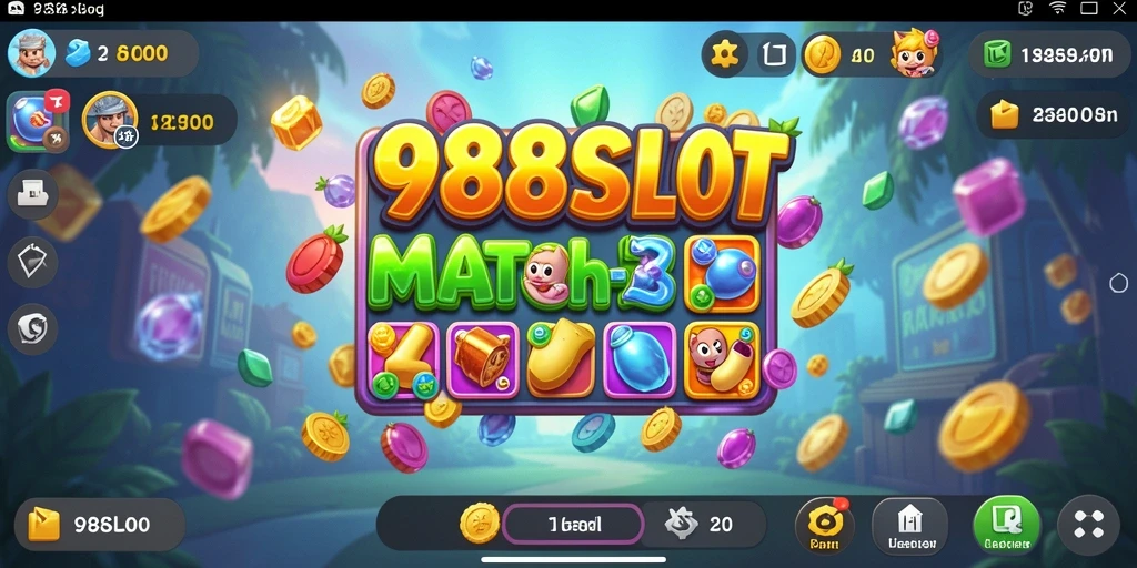 Tampilan gameplay 988SLOT dengan berbagai simbol colorfull di level Match-3.