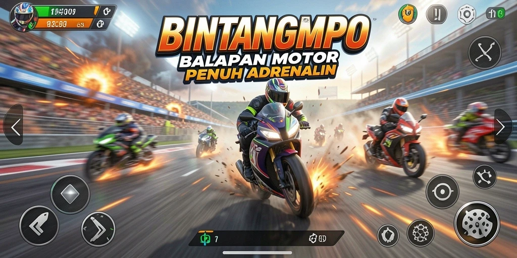 Tangkapan layar menampilkan aksi balapan motor yang mendebarkan.