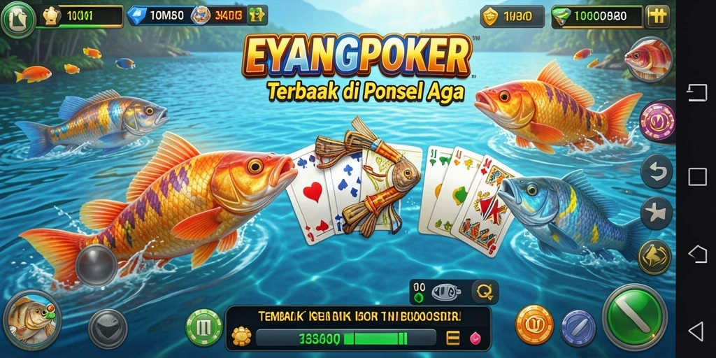Tampilan gameplay seru dari EYANGPOKER dengan berbagai ikan menunggu untuk ditembak.