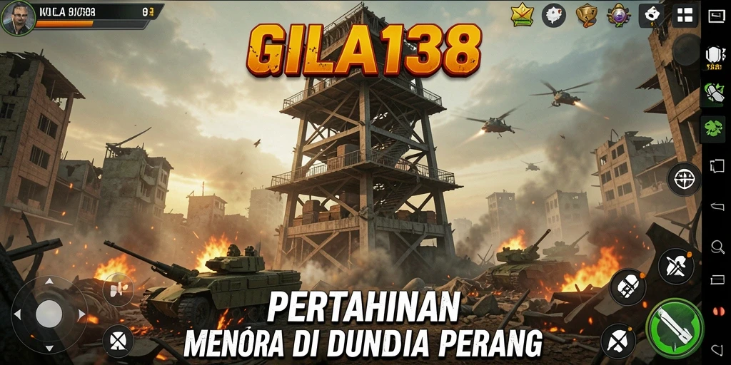 Gameplay GILA138 yang mendebarkan dengan menara dan musuh.