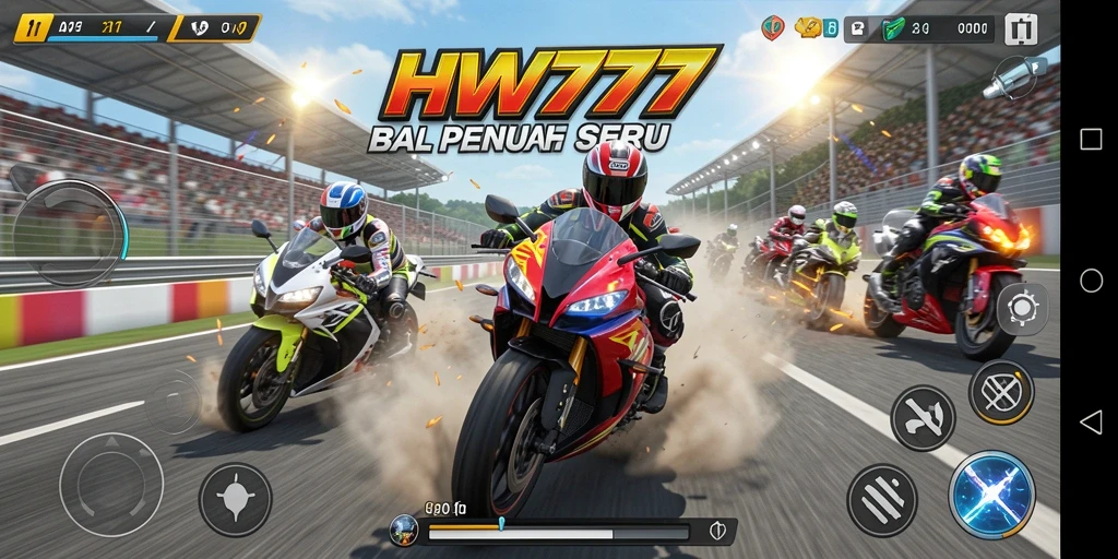Gameplay HW777 menampilkan balapan motor yang mendebarkan di trek yang beragam.